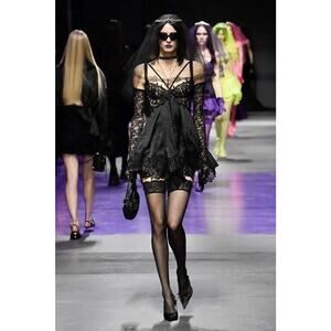 NWT Versace Runway Black Mini Dress IT 40 US 4 Lace Trim Satin Silk $7,650